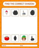 encuentra el juego de sombras correcto con el icono de navidad. hoja de trabajo para niños en edad preescolar, hoja de actividades para niños vector