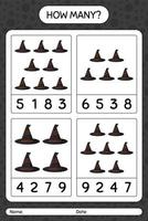 How many counting game with witch's hat. worksheet for preschool kids, kids activity sheet vector