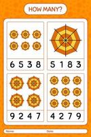 How many counting game with spider web. worksheet for preschool kids, kids activity sheet vector