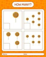 How many counting game with lollipop. worksheet for preschool kids, kids activity sheet vector