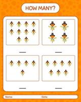 How many counting game with scarecrow. worksheet for preschool kids, kids activity sheet vector