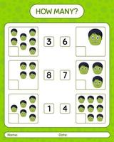 How many counting game with zombie. worksheet for preschool kids, kids activity sheet vector