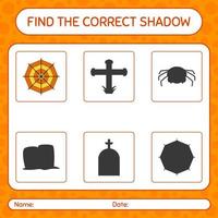 Find the correct shadows game with spider web. worksheet for preschool kids, kids activity sheet vector