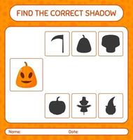 encuentra el juego de sombras correcto con jack o 'lantern. hoja de trabajo para niños en edad preescolar, hoja de actividades para niños vector