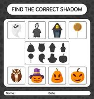 encuentra el juego de sombras correcto con el icono de halloween. hoja de trabajo para niños en edad preescolar, hoja de actividades para niños