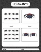 How many counting game with spider. worksheet for preschool kids, kids activity sheet vector