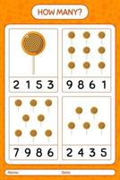 How many counting game with lollipop. worksheet for preschool kids, kids activity sheet vector