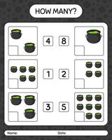 How many counting game with cauldron. worksheet for preschool kids, kids activity sheet vector