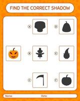 Find the correct shadows game with jack o' lantern. worksheet for preschool kids, kids activity sheet vector