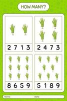 How many counting game with zombie's hand. worksheet for preschool kids, kids activity sheet vector