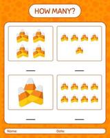 How many counting game with candy corn. worksheet for preschool kids, kids activity sheet vector