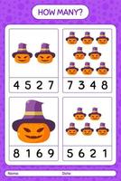 How many counting game with jack o' lantern. worksheet for preschool kids, kids activity sheet vector