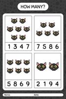 How many counting game with cat. worksheet for preschool kids, kids activity sheet vector