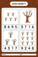 How many counting game with tree. worksheet for preschool kids, kids activity sheet vector