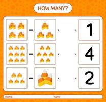 How many counting game with candy corn. worksheet for preschool kids, kids activity sheet vector