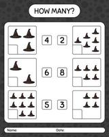 How many counting game with witch's hat. worksheet for preschool kids, kids activity sheet vector