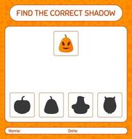 Find the correct shadows game with jack o' lantern. worksheet for preschool kids, kids activity sheet vector
