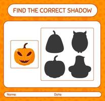 Find the correct shadows game with jack o' lantern. worksheet for preschool kids, kids activity sheet vector