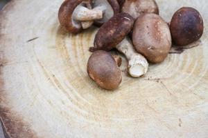 hongos shiitake en una tabla de cortar de madera foto