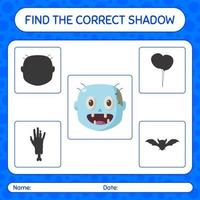 Find the correct shadows game with zombie. worksheet for preschool kids, kids activity sheet vector