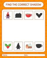 encuentra el juego de sombras correcto con el icono de navidad. hoja de trabajo para niños en edad preescolar, hoja de actividades para niños vector