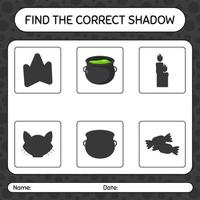 Find the correct shadows game with cauldron. worksheet for preschool kids, kids activity sheet vector