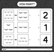 How many counting game with bat. worksheet for preschool kids, kids activity sheet vector