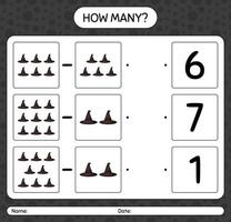 How many counting game with witch's hat. worksheet for preschool kids, kids activity sheet vector