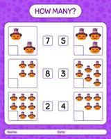 How many counting game with jack o' lantern. worksheet for preschool kids, kids activity sheet vector