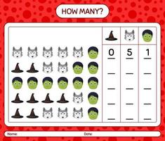 How many counting game with halloween icon. worksheet for preschool kids, kids activity sheet vector