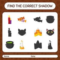 encuentra el juego de sombras correcto con el icono de halloween. hoja de trabajo para niños en edad preescolar, hoja de actividades para niños vector