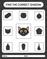 Find the correct shadows game with black cat. worksheet for preschool kids, kids activity sheet vector