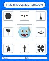 Find the correct shadows game with zombie. worksheet for preschool kids, kids activity sheet vector