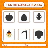 Find the correct shadows game with scarecrow. worksheet for preschool kids, kids activity sheet vector