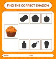 Find the correct shadows game with cupcake. worksheet for preschool kids, kids activity sheet vector