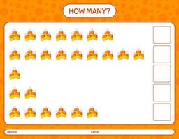 How many counting game with candy corn. worksheet for preschool kids, kids activity sheet vector