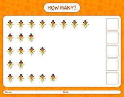 How many counting game with scarecrow. worksheet for preschool kids, kids activity sheet vector