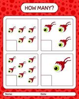How many counting game with eyeball. worksheet for preschool kids, kids activity sheet vector