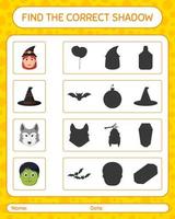 Find the correct shadows game with halloween icon. worksheet for preschool kids, kids activity sheet vector
