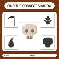 Find the correct shadows game with skull. worksheet for preschool kids, kids activity sheet vector