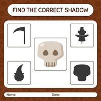 encuentra el juego de sombras correcto con calavera. hoja de trabajo para niños en edad preescolar, hoja de actividades para niños vector