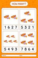 How many counting game with candy. worksheet for preschool kids, kids activity sheet vector