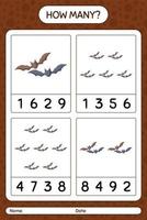 How many counting game with bat. worksheet for preschool kids, kids activity sheet vector