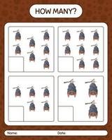 How many counting game with bat. worksheet for preschool kids, kids activity sheet vector