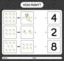 How many counting game with ghost. worksheet for preschool kids, kids activity sheet vector