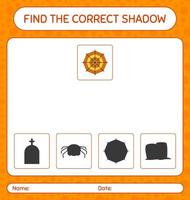 Find the correct shadows game with spider web. worksheet for preschool kids, kids activity sheet vector