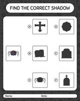 Find the correct shadows game with spider. worksheet for preschool kids, kids activity sheet vector