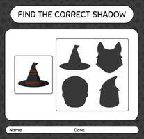 encuentra el juego de sombras correcto con el sombrero de bruja. hoja de trabajo para niños en edad preescolar, hoja de actividades para niños vector