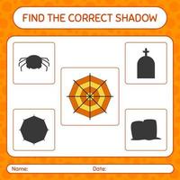 encuentra el juego de sombras correcto con telaraña. hoja de trabajo para niños en edad preescolar, hoja de actividades para niños vector