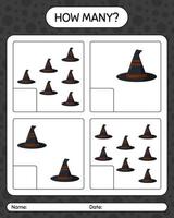 How many counting game with witch's hat. worksheet for preschool kids, kids activity sheet vector